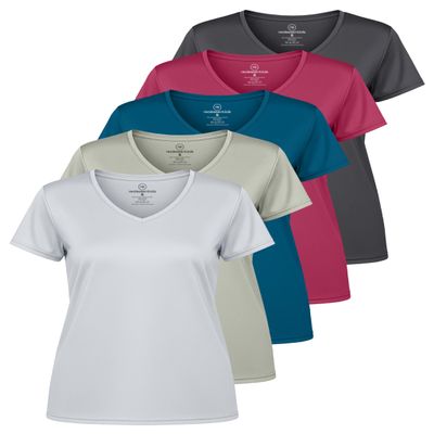 Real Essentials 5 Pack: Women's Dry Fit Short Sleeve V Neck Workout Top - Fitness Pilates Gym Athletic Yoga T-Shirt (Plus Available), Set 13, 1X