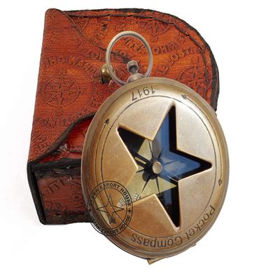Antique Brass Push Button Compass Pocket Sundial Compass for Navigation Outdoor Activities Camping Hiking 2 inch with Leather Box Best for Gift