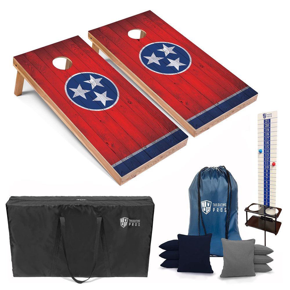 Tailgating Pros 4x2 Regulation Cornhole Boards Flag Set- Includes 8 Bean Bags, Carrying Case, and Score Keeper - Optional LED Lights