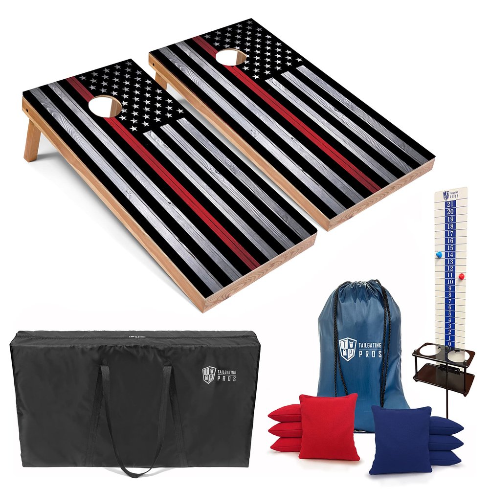 Tailgating Pros 4x2 Regulation Cornhole Boards Flag Set- Includes 8 Bean Bags, Carrying Cases, and Score Keeper - Optional LED Lights