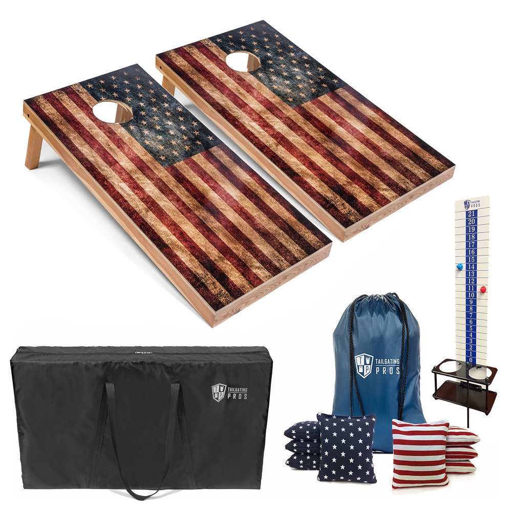 Tailgating Pros 4x2 Regulation Cornhole Boards Flag Set- Includes 8 Bean Bags, Carrying Cases, and Score Keeper - Optional LED Lights