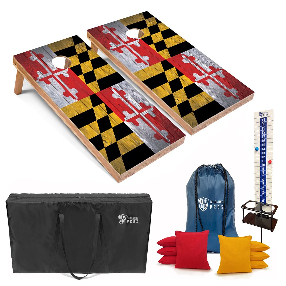Tailgating Pros 4x2 Regulation Cornhole Boards Flag Set- Includes 8 Bean Bags, Carrying Cases, and Score Keeper -Optional LED Lights