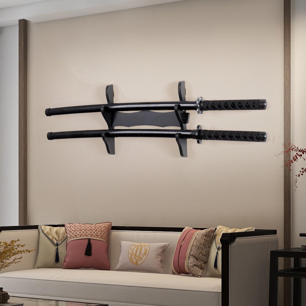 BYTOTU Katana Wall Holder-Katana Sword Wall Mount display-Wood 2 set -Sword display wall mount- (Swords Not Included) Katana holder wall mount-Sword display case