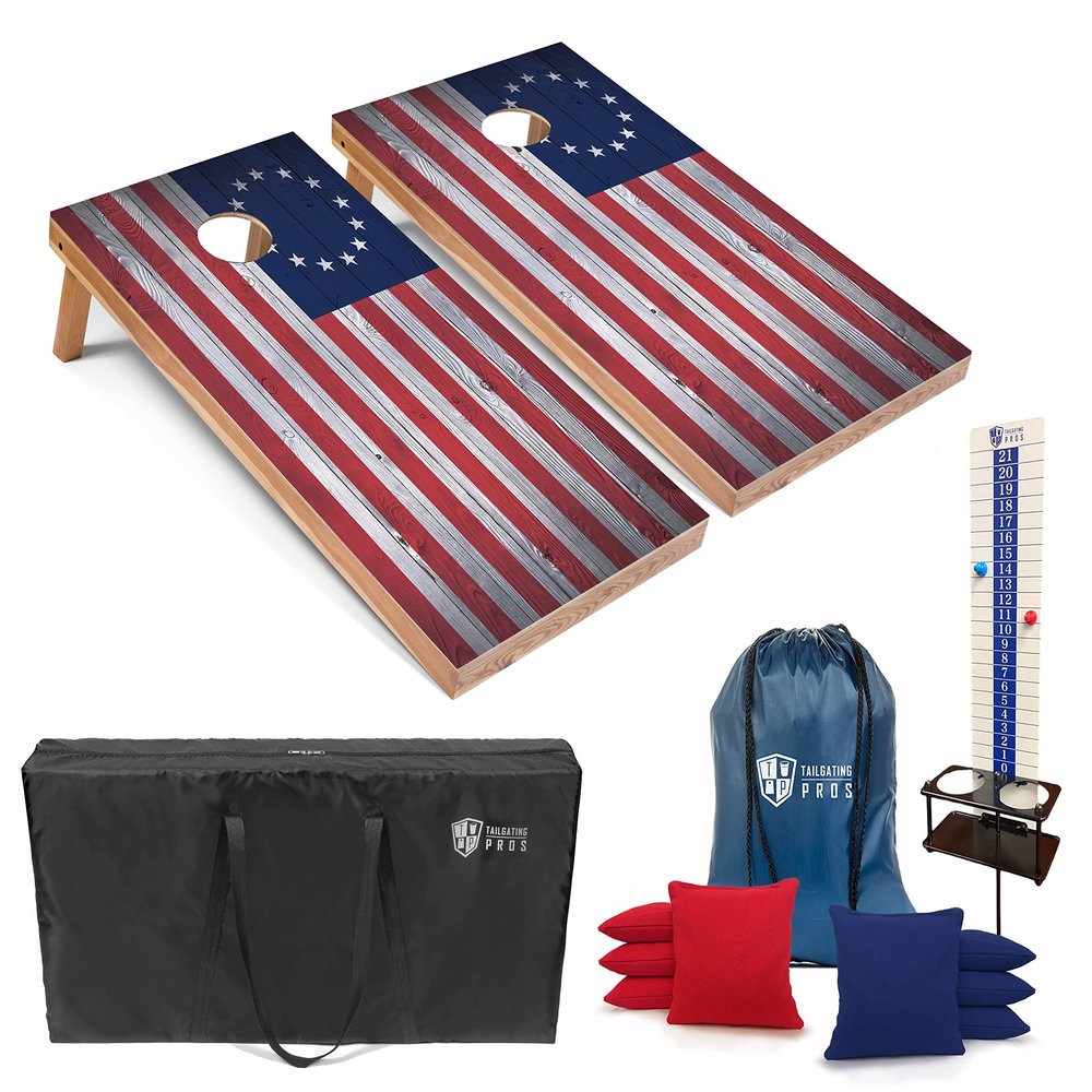 Tailgating Pros 4x2 Regulation Cornhole Boards Flag Set- Includes 8 Bean Bags, Carrying Cases, and Score Keeper - Optional LED Lights