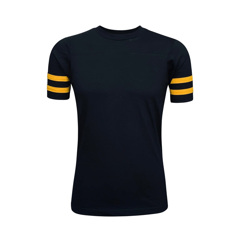ILTEX Adult & Kids Sportswear Athlete Jersey | Crew Neck and Short Sleeve Stripes T-Shirt | Two Contrast Colors Stripes with Pure Cotton and Polyester(Black/Gold,Medium)