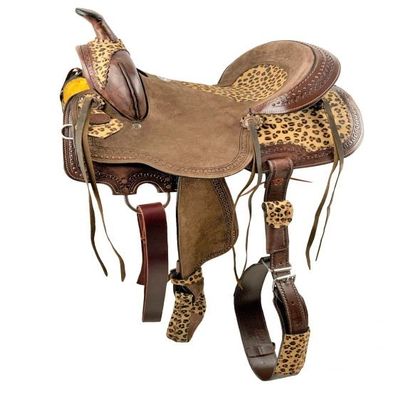 Double T Hard Seat Barrel Style Saddle with Cheetah Seat and Leather Tassels (15")