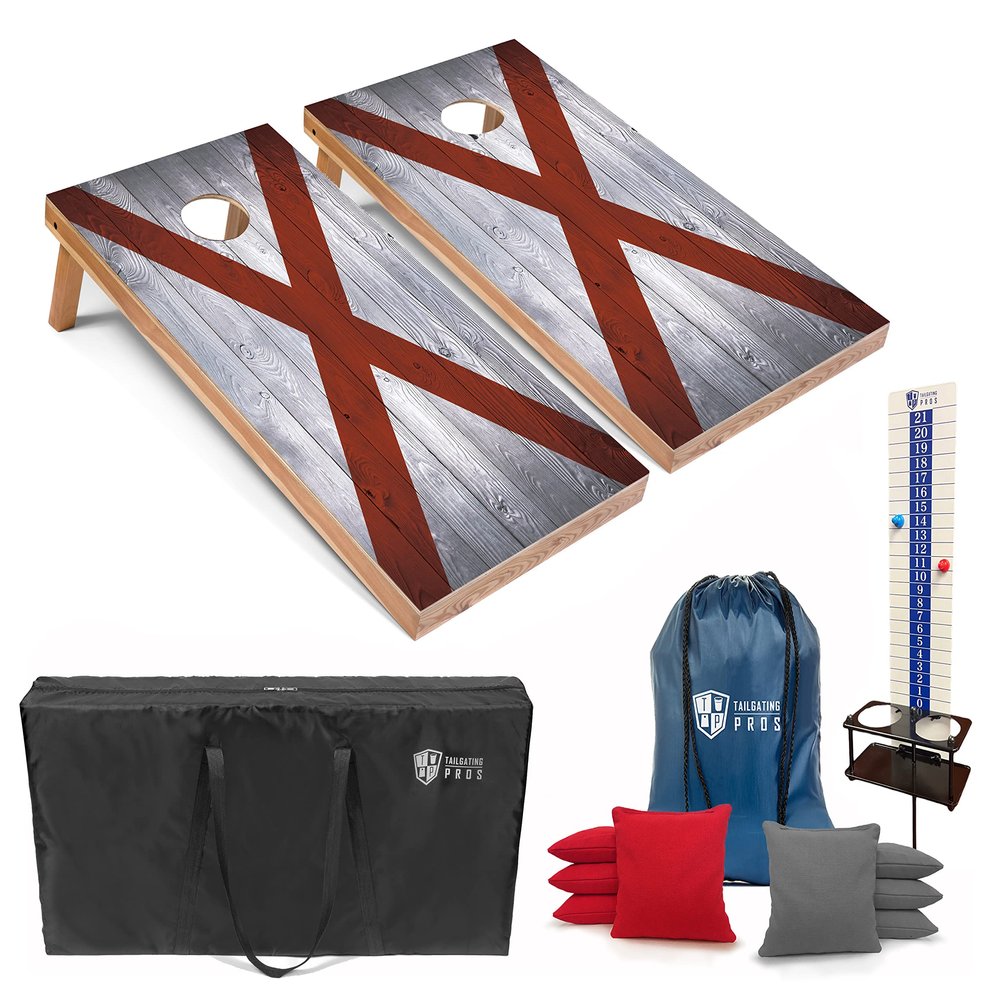 Tailgating Pros 4x2 Regulation Cornhole Boards Flag Set- Includes 8 Bean Bags, Carrying Cases, and Score Keeper- Optional LED Lights