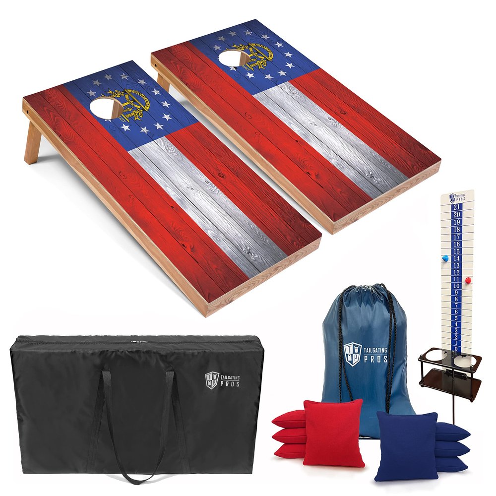 Tailgating Pros 4x2 Regulation Cornhole Boards Flag Set- Includes 8 Bean Bags, Carrying Cases, and Score Keeper - Optional LED Lights