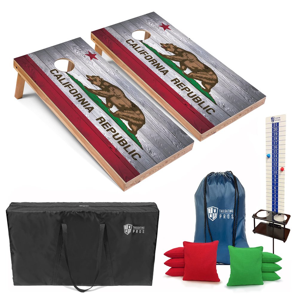 Tailgating Pros 4x2 Regulation Cornhole Boards Flag Set- Includes 8 Bean Bags, Carrying Cases, and Score Keeper - Optional LED Lights