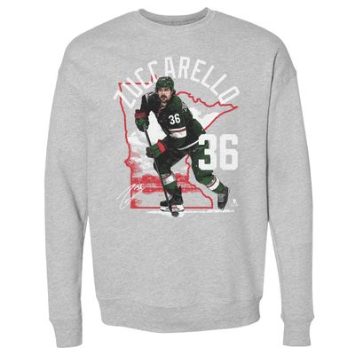 500 LEVEL Mats Zuccarello Sweatshirt (Crew Sweatshirt, XX-Large, Heather Gray) - Mats Zuccarello Minnesota State Outline WHT
