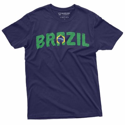 Men's Brazil T-Shirt Brazilian Coat of arms Flag Tee Shirt Football Tshirt Brasil Tee (Small Navy Blue)