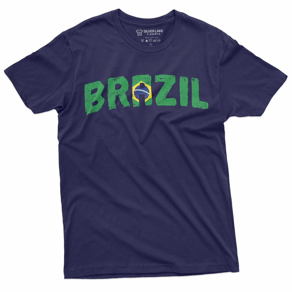 Men's Brazil T-Shirt Brazilian Coat of arms Flag Tee Shirt Football Tshirt Brasil Tee (Small Navy Blue)
