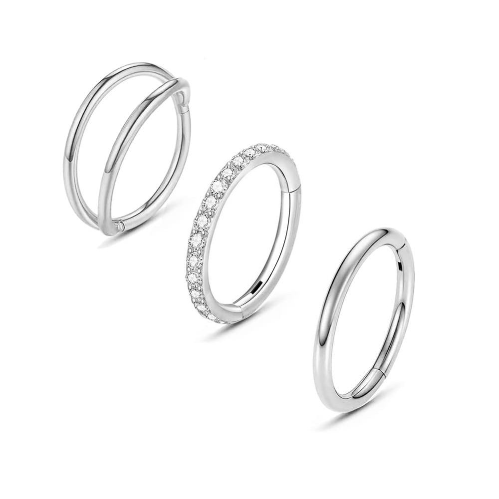 MeiziQL 3Pcs 18G Nose Ring Hoops Surgical Steel CZ Hoop Nose Rings Clicker Septum Ring Cartilage Conch Piercing Jewelry for Women Men 8mm 10mm (18G Silver 8mm 3pcs)