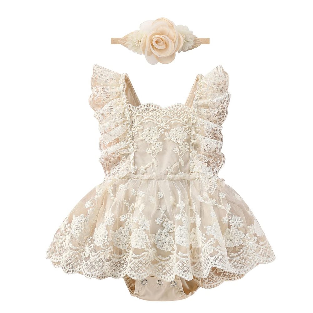 Baby Girl Smash Cake Outfit Girl Clothes Sleeveless Floral Lace Embroidery Romper Tulle Dress+Headband outfits for photoshoot Girl First Birthday Outfit Girl 13#Apricot 6-12 Months