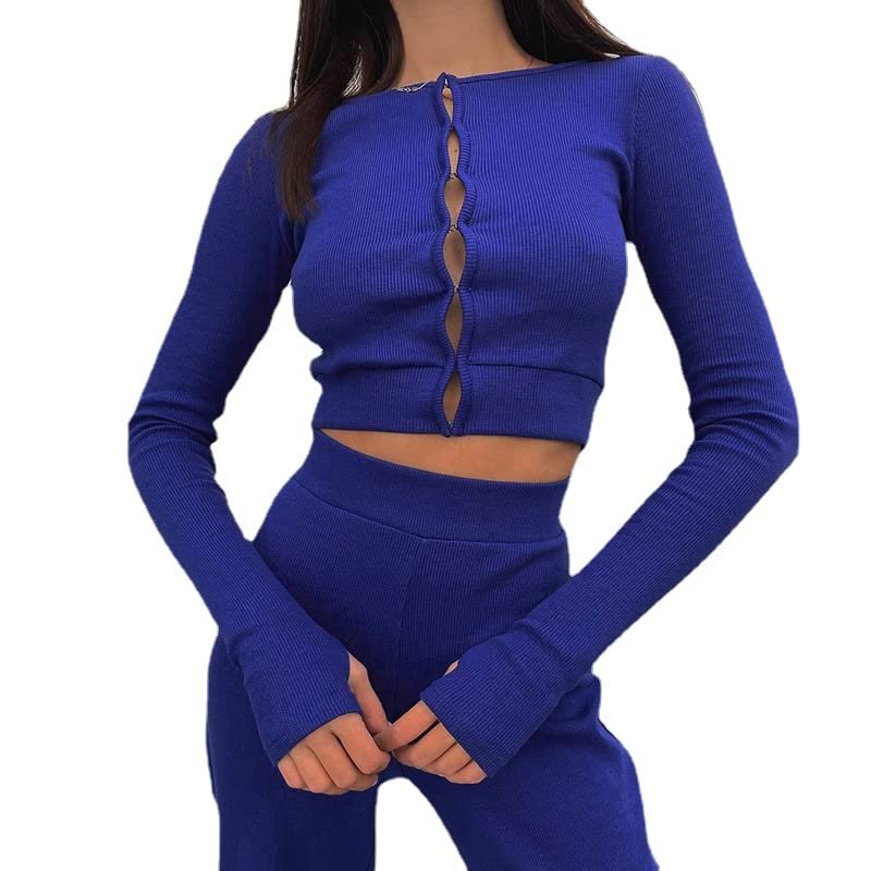 Autumn Ribber Knit Long Sleeve T Shirts Women Casual Blue Skinny Basic Tees Fashion Y2K Cardigan Tops Sexy Street (blue,M,Medium)