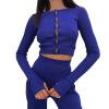 Autumn Ribber Knit Long Sleeve T Shirts Women Casual Blue Skinny Basic Tees Fashion Y2K Cardigan Tops Sexy Street (blue,M,Medium) view 1