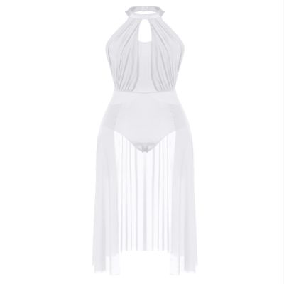JEATHA Women Lyrical Modern Contemporary Dance Costume Leotard Backless Split Tulle Skirt Flowy Overlay Dress White 2# XX-Large