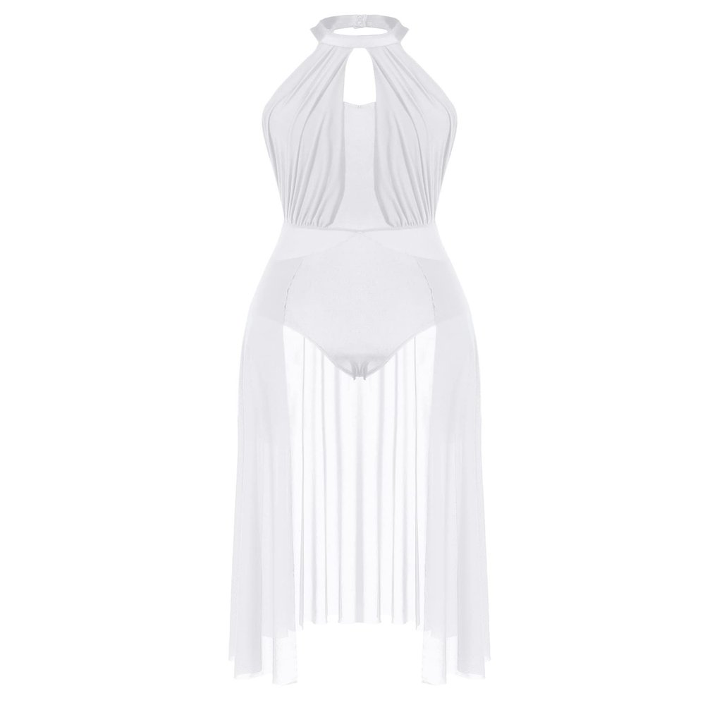 JEATHA Women Lyrical Modern Contemporary Dance Costume Leotard Backless Split Tulle Skirt Flowy Overlay Dress White 2# XX-Large