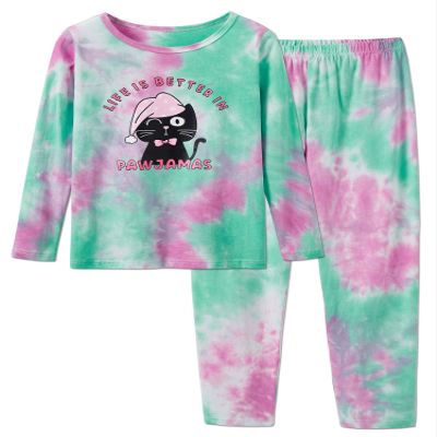 Beezizac Tie Dye Cat Pajamas for Teen Girls Cute Long Sleeve & Pants 2 Piece Jammies Big Kid Size 6