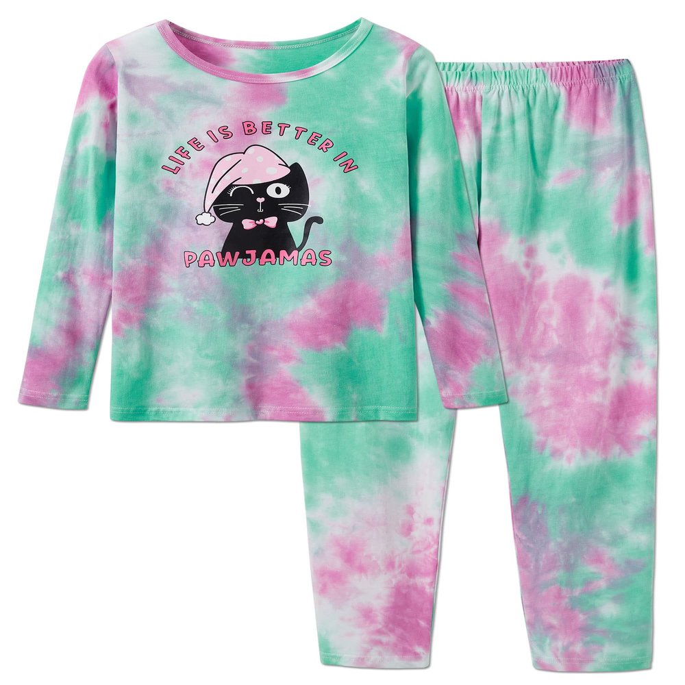 Beezizac Tie Dye Cat Pajamas for Teen Girls Cute Long Sleeve & Pants 2 Piece Jammies Big Kid Size 6