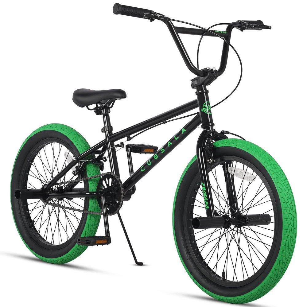 cubsala Freestyle BMX Bike, 20 Inch Kids Bicycle for 7-13 Years Old Kids and Beginner Level Rider, Black with Green Tires