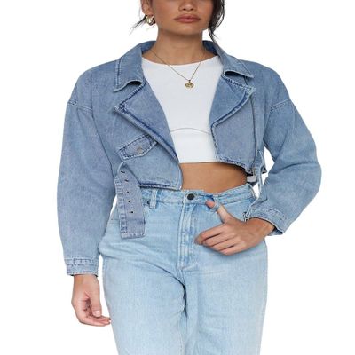 chouyatou Women's Boyfriend Jean Shakcet Jacket Zipper Belted Moto Denim Blazer Jacket (Small, Blue)