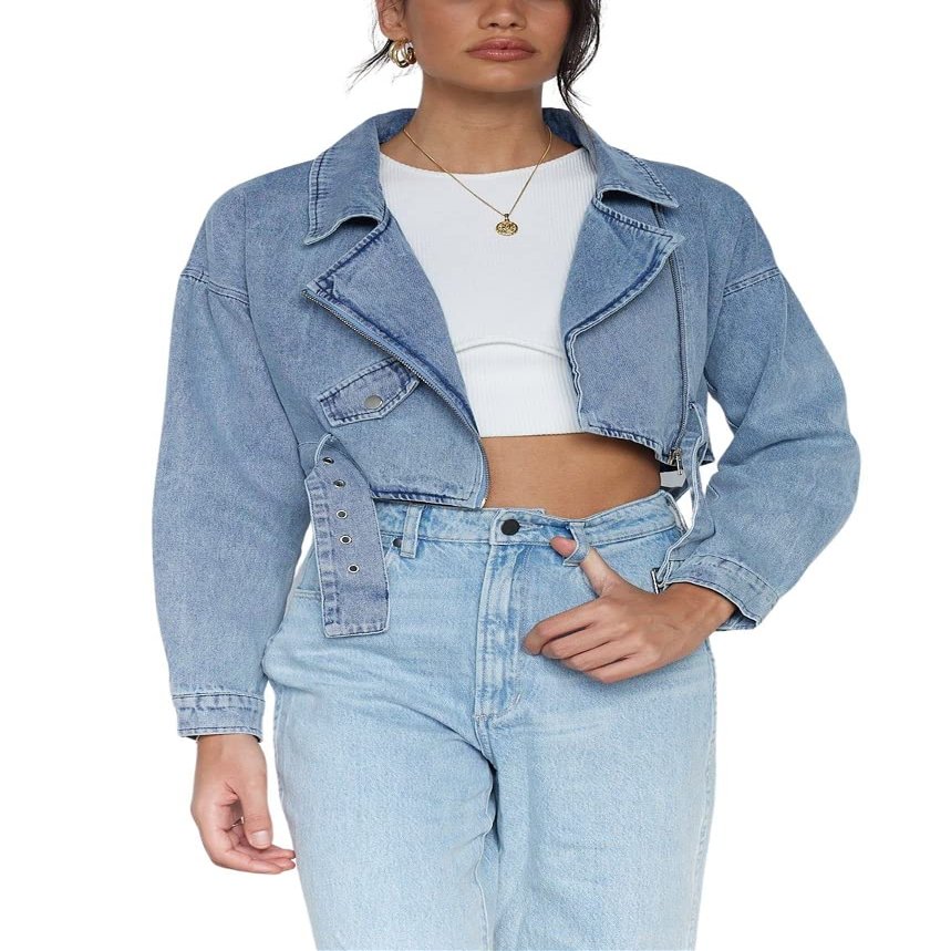 chouyatou Women's Boyfriend Jean Shakcet Jacket Zipper Belted Moto Denim Blazer Jacket (Small, Blue)