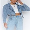 chouyatou Women's Boyfriend Jean Shakcet Jacket Zipper Belted Moto Denim Blazer Jacket (Small, Blue) view 2