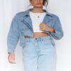 chouyatou Women's Boyfriend Jean Shakcet Jacket Zipper Belted Moto Denim Blazer Jacket (Small, Blue) view 3