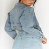 chouyatou Women's Boyfriend Jean Shakcet Jacket Zipper Belted Moto Denim Blazer Jacket (Small, Blue) view 4