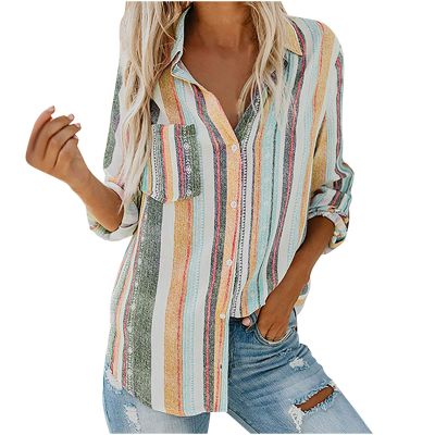 Womens Casual Button Down Shirts Bohemian Striped Long Sleeve Blouse Casual Roll-up Tops Winter Fall Shacket Jacket Orange