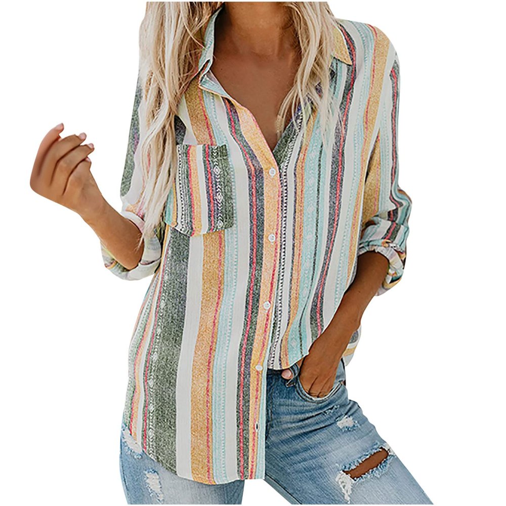 Womens Casual Button Down Shirts Bohemian Striped Long Sleeve Blouse Casual Roll-up Tops Winter Fall Shacket Jacket Orange