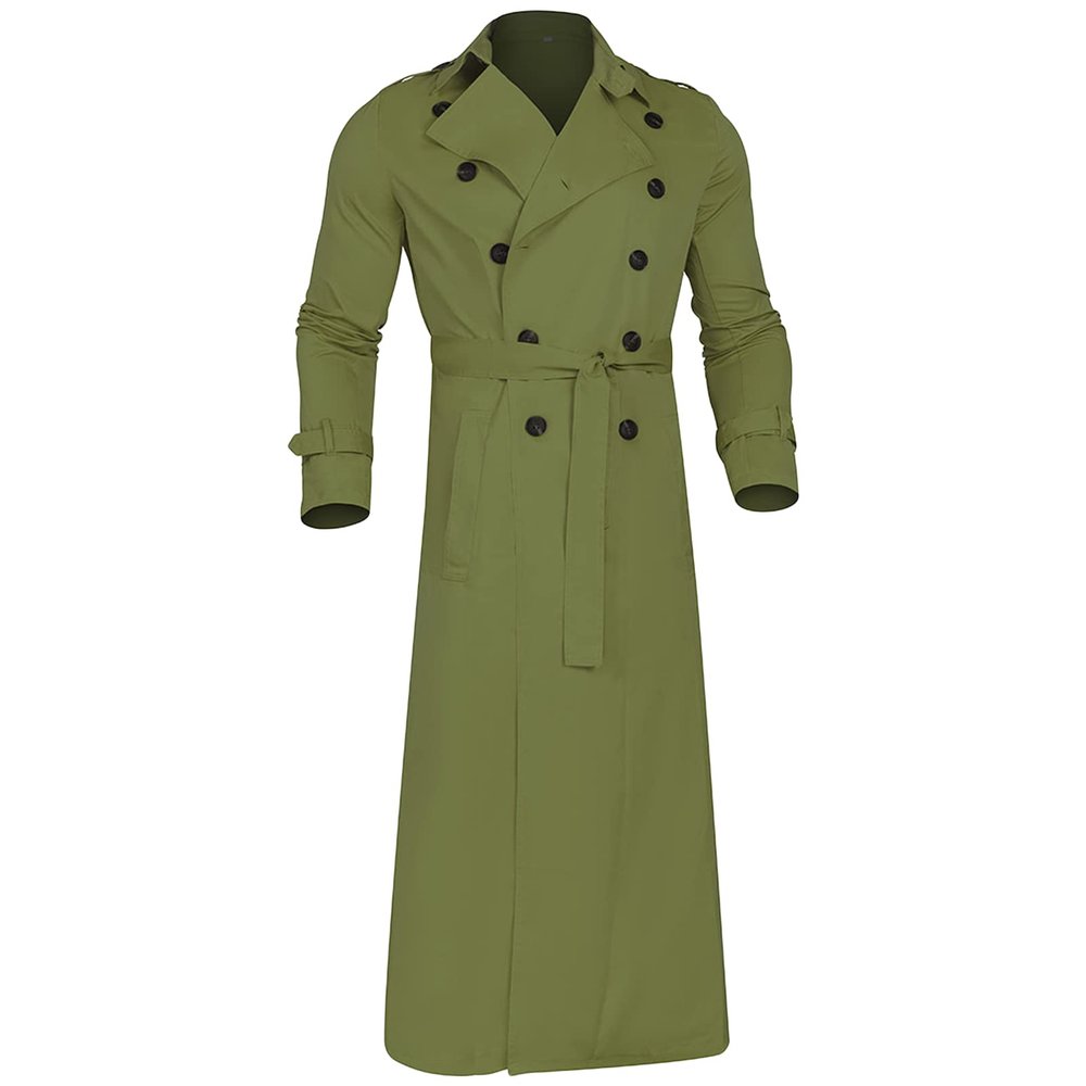 Maiyifu-GJ Mens Lapel Double Breasted Trench Coat Stylish Slim Fit Long Belted Windbreaker Casual Windproof Peacoat Overcoat (Green,Small)