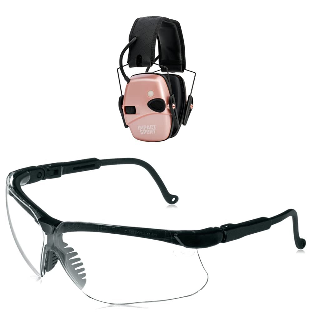 Howard Leight Impact Sport Bluetooth Metallic Rose Gold, Youth/Adult Small (R-02544) withHoward Leight by Honeywell Genesis Sharp-Shooter Shooting Glasses, Clear Lens