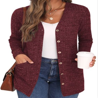 GRECERELLE Burgundy Open Front Cardigan for Women Button Down Long Sleeve Draped Sweater Outerwear with Pocket