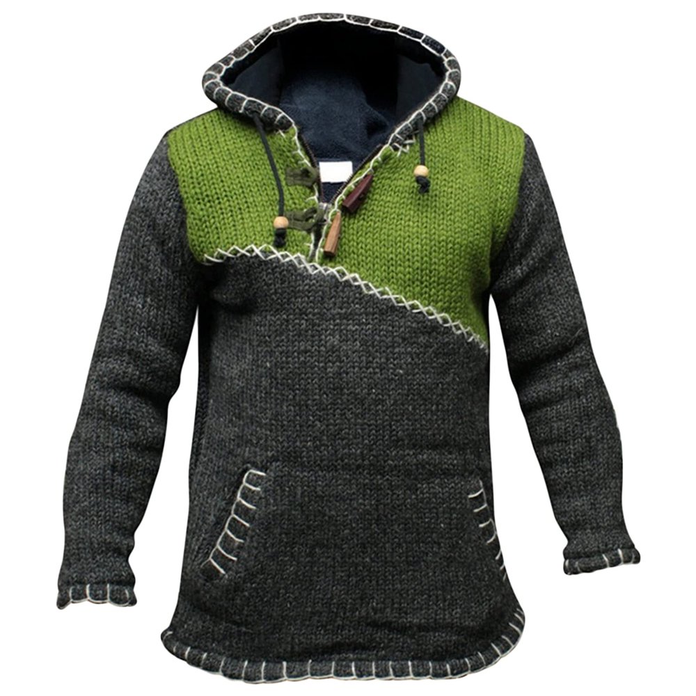 Maiyifu-GJ Men Retro Hoodie Knitwear Color Block Halloween Costume Loose Knit Sweatshirt Patchwork Hooded Sweater Pullover (Green,3X-Large)