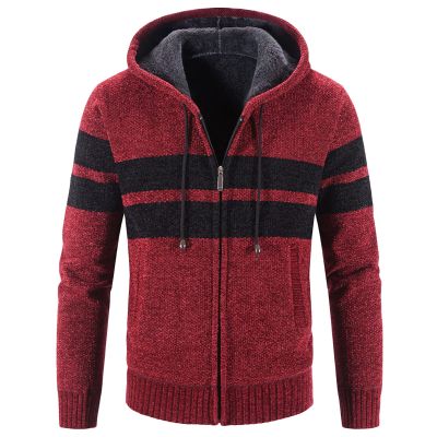 Men's Sherpa Lined Full Zip Hooded Striped Slim Flannel Hoodies Shirt Jacket Fleece Thick Casual Cardigan Sweater (Red,Medium)