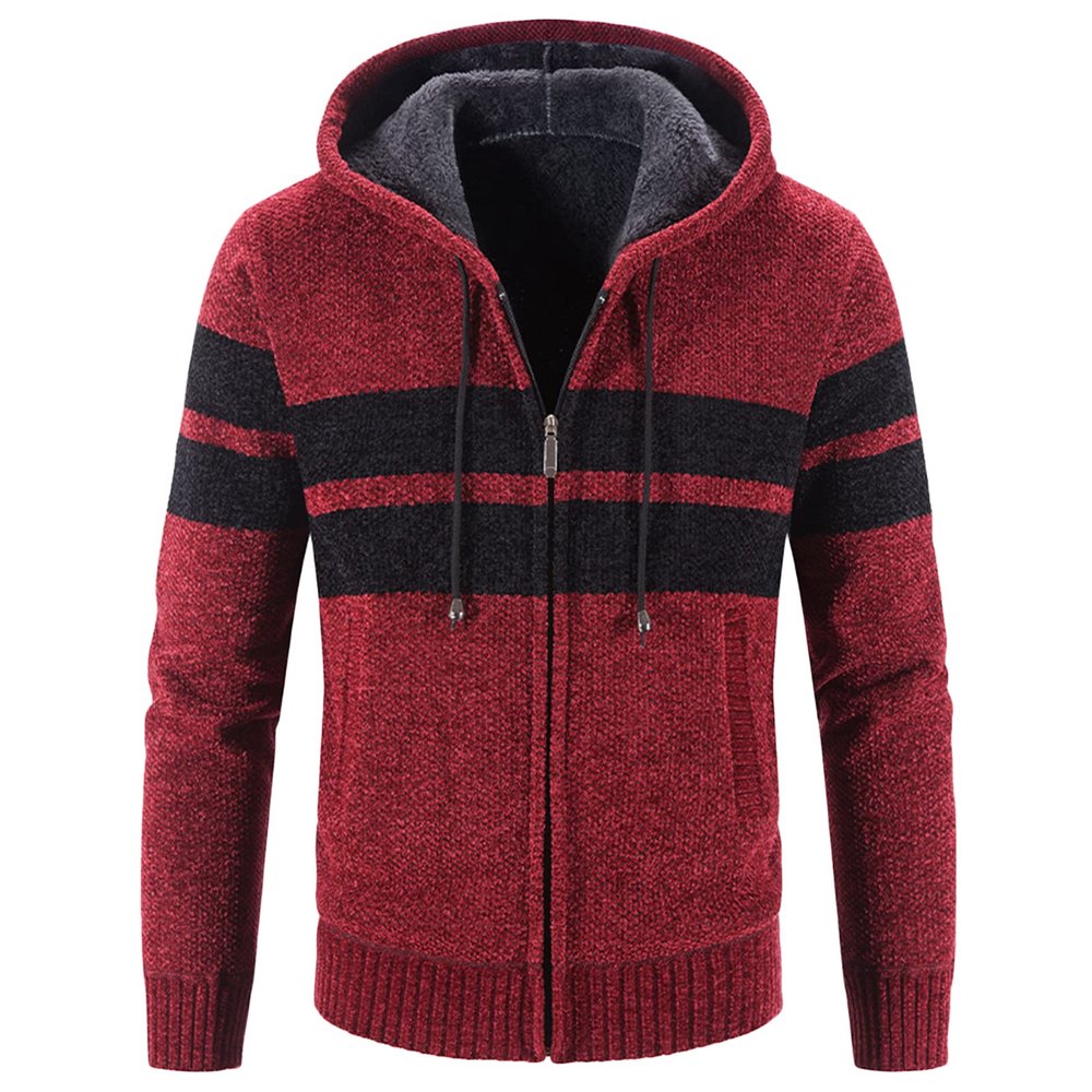 Men's Sherpa Lined Full Zip Hooded Striped Slim Flannel Hoodies Shirt Jacket Fleece Thick Casual Cardigan Sweater (Red,Medium)
