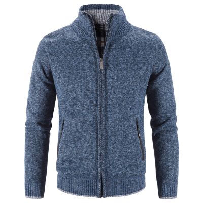 Maiyifu-GJ Men Full Zip Up Cardigan Sweaters Slim Fit Flannel Lining Knitted Cardigans Zipper Thick Casual Knit Sweater Coat (Blue,Large)
