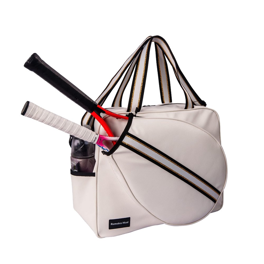 Remobia Hicol White PU Leather Women Large Sports Handbag Tennis Racket Shoulder Bag Tennis Tote Bag for 2 Rackets, with Water Bottle Holder