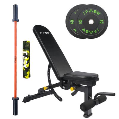 IFAST Mens Butt and Legs Training Sets Women Glute Bridges Workout Set with Barbells Olympic Plates Bench Barbell Pad, Barbell Squats Hip Thrusts Set (4FT Orange bar+25lbs Plates+Weight Bench)
