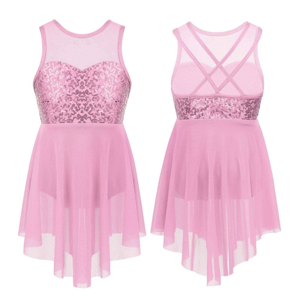 RUNQHUI Kids Girls Sequined Ballet Lyrical Modern Dance Dress Gymnastics Leotard Ballerina Dancewear Pink A 6 Years