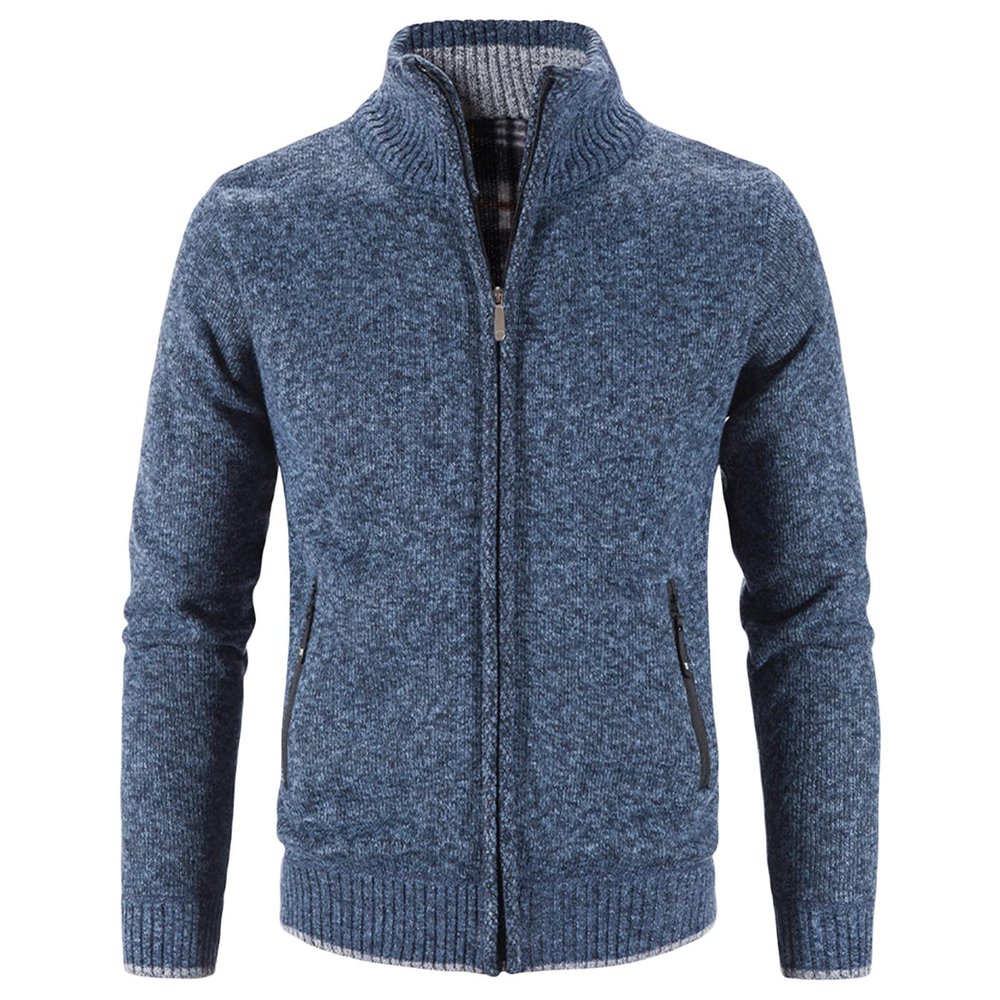 Men Full Zip Up Cardigan Sweaters Slim Fit Flannel Lining Knitted Cardigans Zipper Thick Casual Knit Sweater Coat (Blue,Medium)