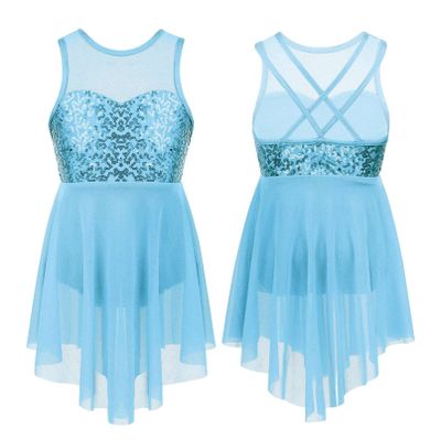 RUNQHUI Kids Girls Sequined Ballet Lyrical Modern Dance Dress Gymnastics Leotard Ballerina Dancewear Light Blue A 10 Years