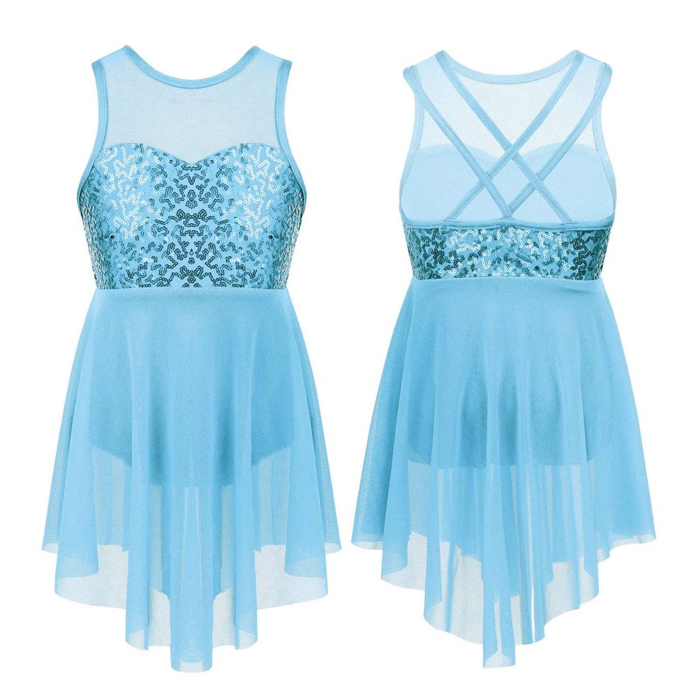 RUNQHUI Kids Girls Sequined Ballet Lyrical Modern Dance Dress Gymnastics Leotard Ballerina Dancewear Light Blue A 10 Years