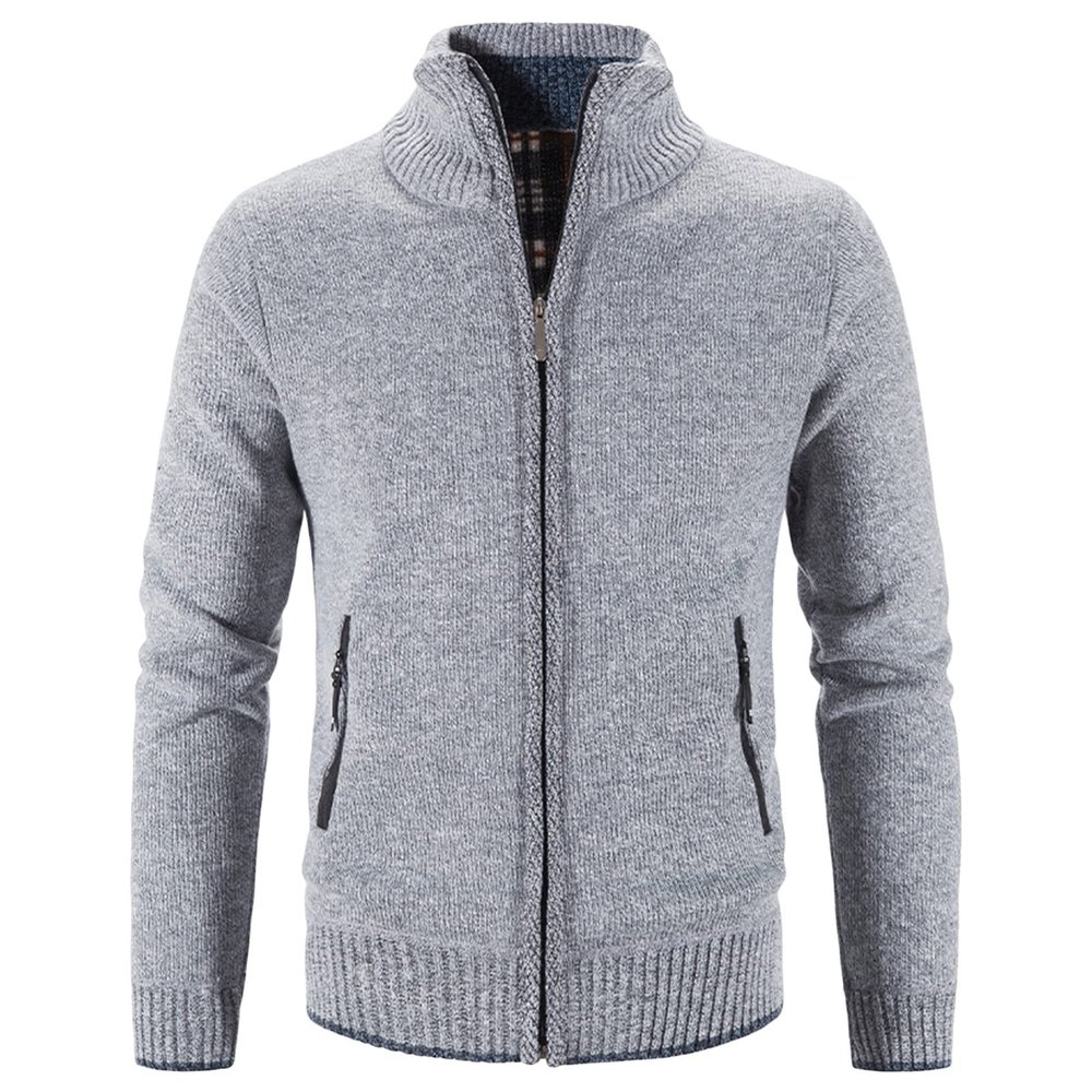 Maiyifu-GJ Men Full Zip Up Cardigan Sweaters Slim Fit Flannel Lining Knitted Cardigans Zipper Thick Casual Knit Sweater Coat (Light Grey,Large)