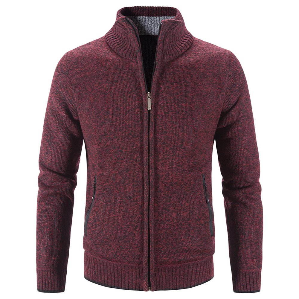 Maiyifu-GJ Men Full Zip Up Cardigan Sweaters Slim Fit Flannel Lining Knitted Cardigans Zipper Thick Casual Knit Sweater Coat (Red,3X-Large)