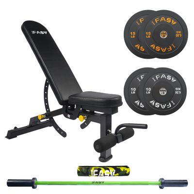 IFAST Mens Butt and Legs Training Sets Women Glute Bridges Workout Set with Barbells Olympic Plates Bench Barbell Pad, Barbell Squats Hip Thrusts Set (4FT Green bar+10lbs&15lbs Plates+Weight Bench)