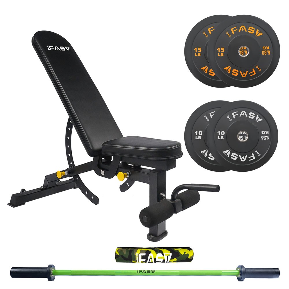 IFAST Mens Butt and Legs Training Sets Women Glute Bridges Workout Set with Barbells Olympic Plates Bench Barbell Pad, Barbell Squats Hip Thrusts Set (4FT Green bar+10lbs&15lbs Plates+Weight Bench)