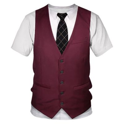 FEESHOW Mens Fake Two-Piece 3D Print Gentlemen Suit Short Sleeve Tuxedo T-Shirt + Tie + Vest for Party Performance Burgundy Small